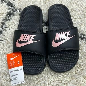 Brand NWT Nike Women's Benassi Slides in black and rose gold